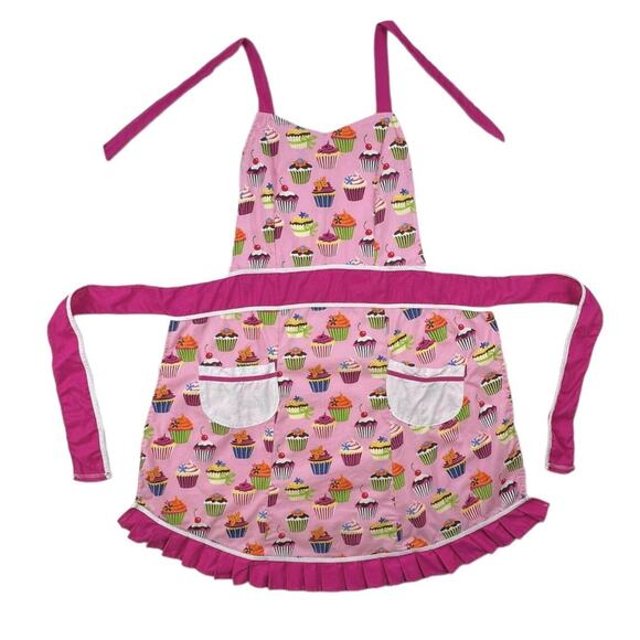 Cupcake Apron Kitchen Baking Ruffle Hem Cotton Tie Neck Waist Hot Pink OSFM - Picture 2 of 8
